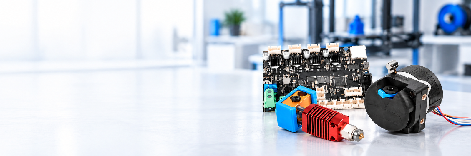 Placa controladora, extrusora preta e hotend vermelho para impressora 3D, completos sobre bancada clara