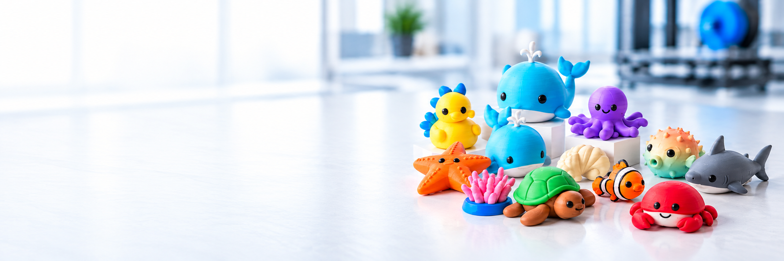 Miniaturas coloridas impressas em 3D: baleia, pintinho, polvo, estrela-do-mar, tartaruga, peixe-palhaço e tubarão, todas completas